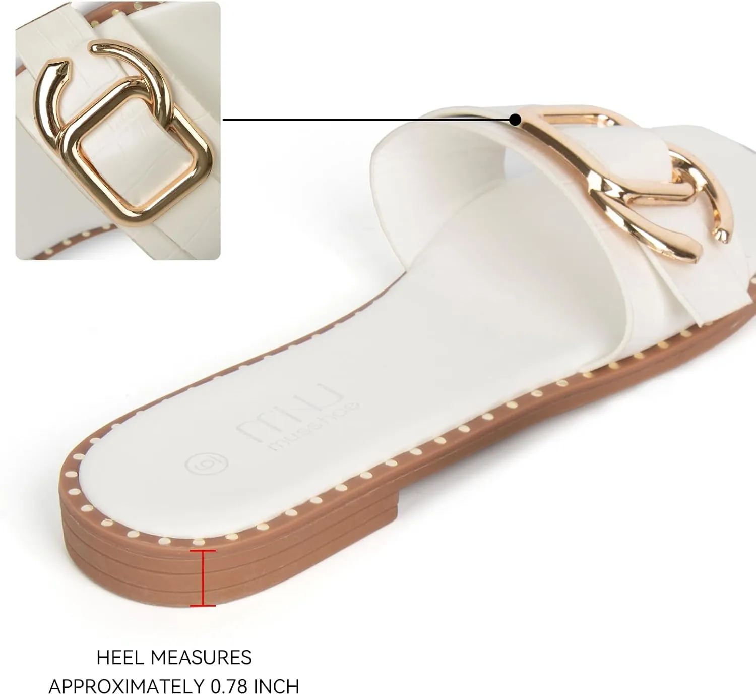 MUSSHOE Flat Sandals for Women Slip On Slides with Gold Buckle Sandals Square Open Toe Comfort