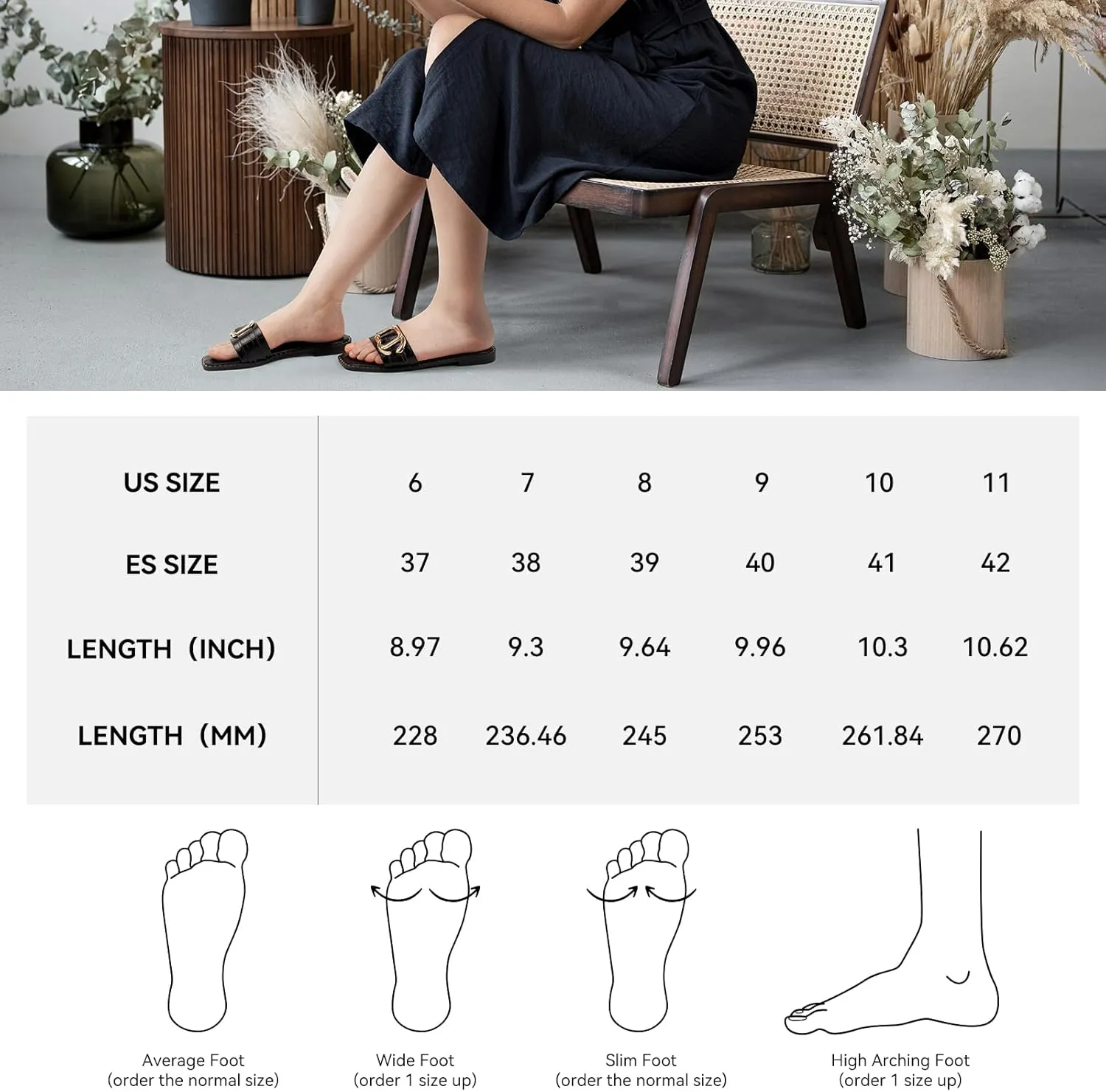 MUSSHOE Flat Sandals for Women Slip On Slides with Gold Buckle Sandals Square Open Toe Comfort