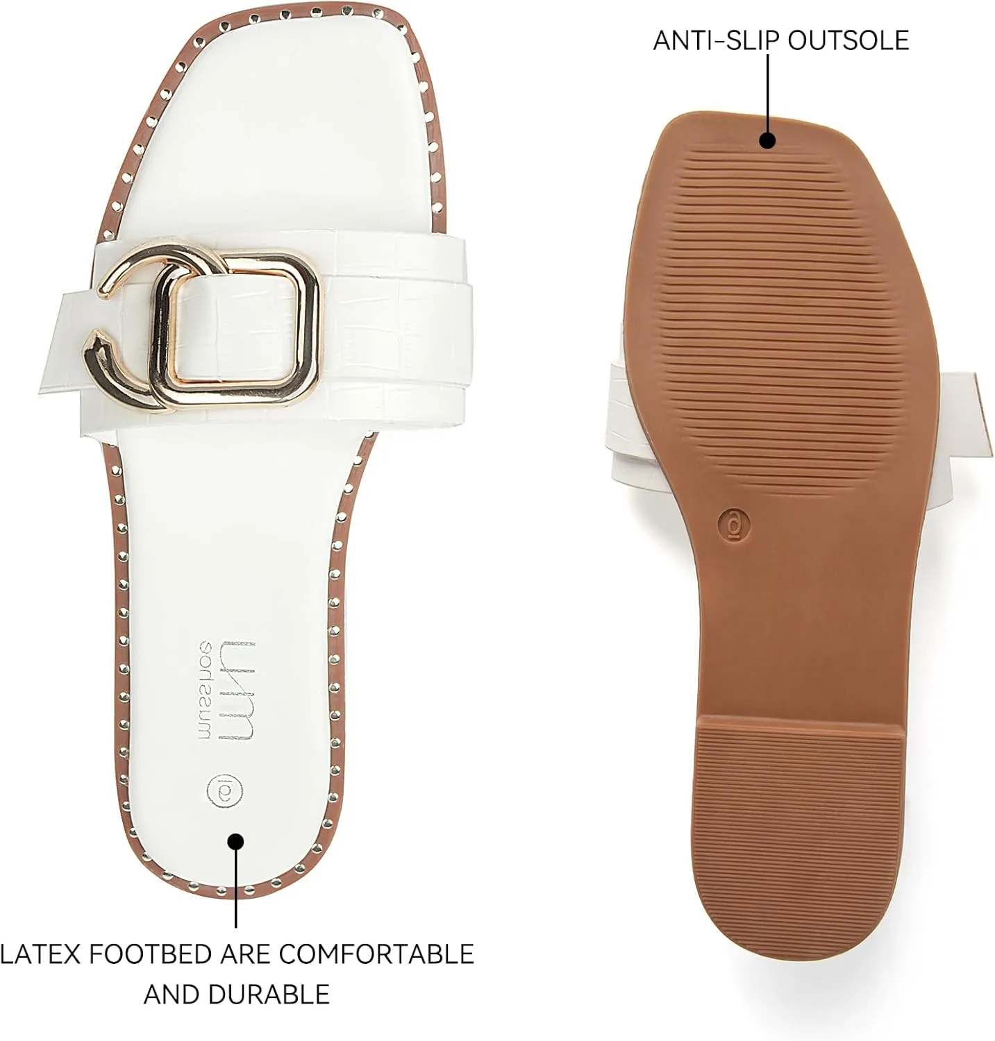 MUSSHOE Flat Sandals for Women Slip On Slides with Gold Buckle Sandals Square Open Toe Comfort