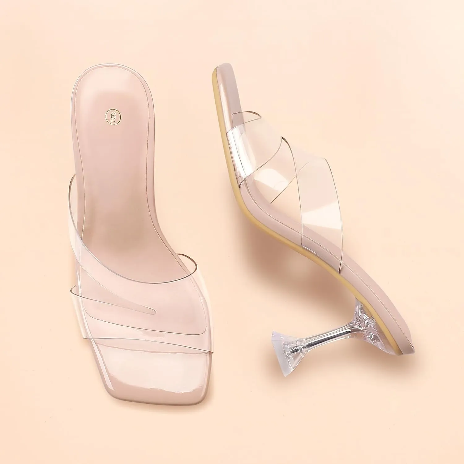 mysoft Women's Clear Heeled Sandals Square Toe Transparent Stiletto Mules Open Toe Slip on Dress Shoes