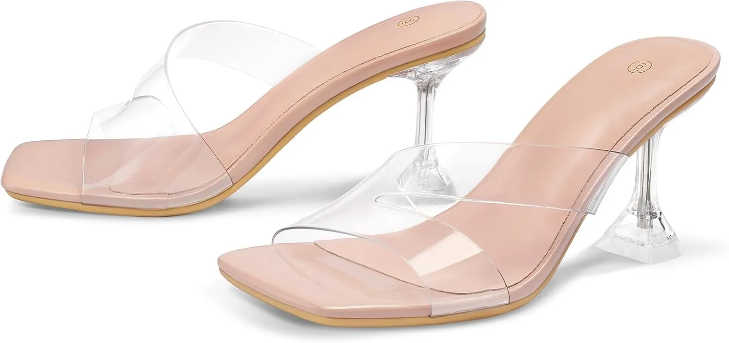 mysoft Women's Clear Heeled Sandals Square Toe Transparent Stiletto Mules Open Toe Slip on Dress Shoes