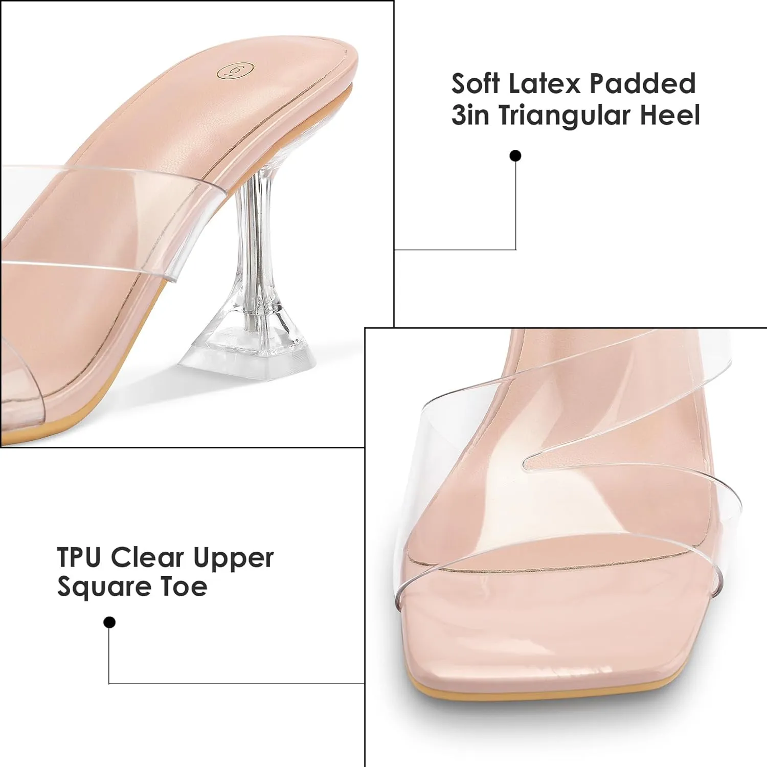 mysoft Women's Clear Heeled Sandals Square Toe Transparent Stiletto Mules Open Toe Slip on Dress Shoes