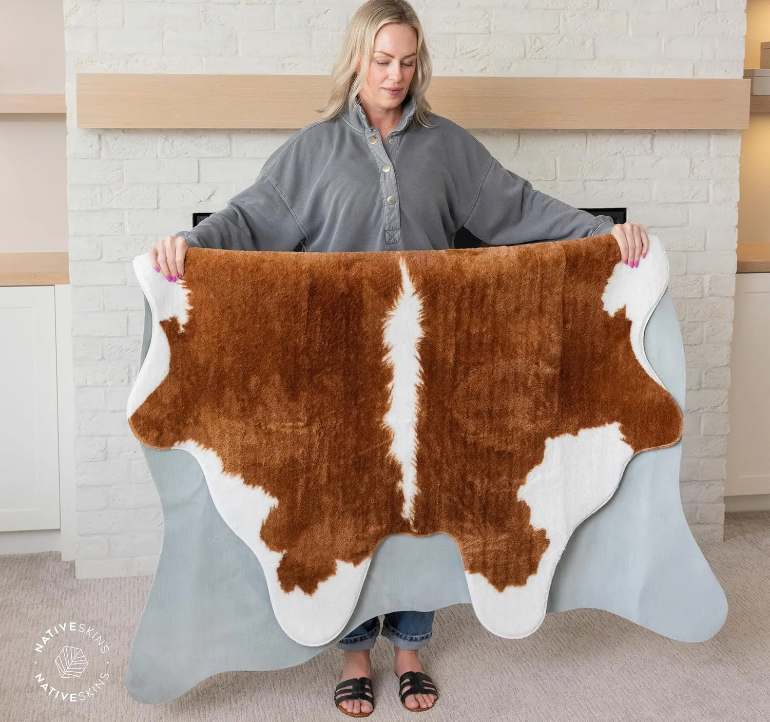 NativeSkins Faux Cowhide Rug – Hawthorn Brown (Large) | 4.6ft x 6.6ft | Cow Print | Western Bedroom Decor | Hand-Cut, Faux Suede No-Slip Backing | Western Rug | Animal Print | Cow Hide