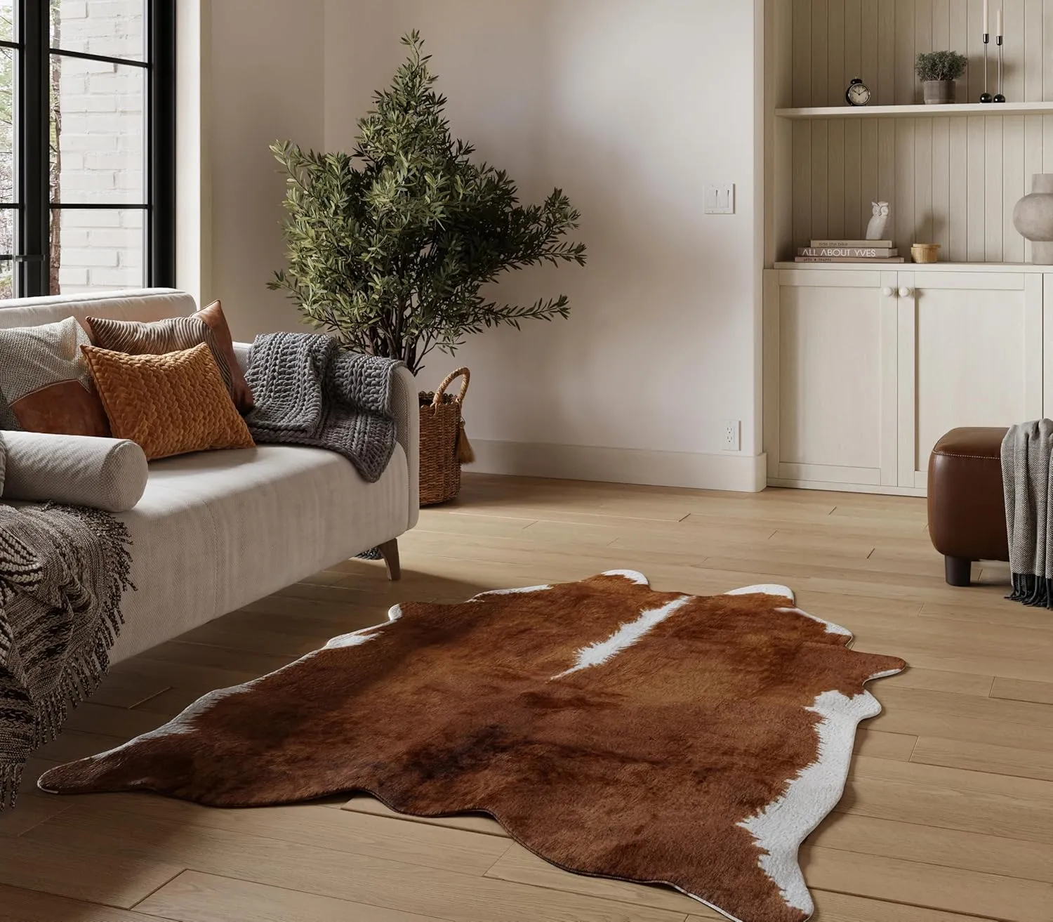 NativeSkins Faux Cowhide Rug – Hawthorn Brown (Large) | 4.6ft x 6.6ft | Cow Print | Western Bedroom Decor | Hand-Cut, Faux Suede No-Slip Backing | Western Rug | Animal Print | Cow Hide