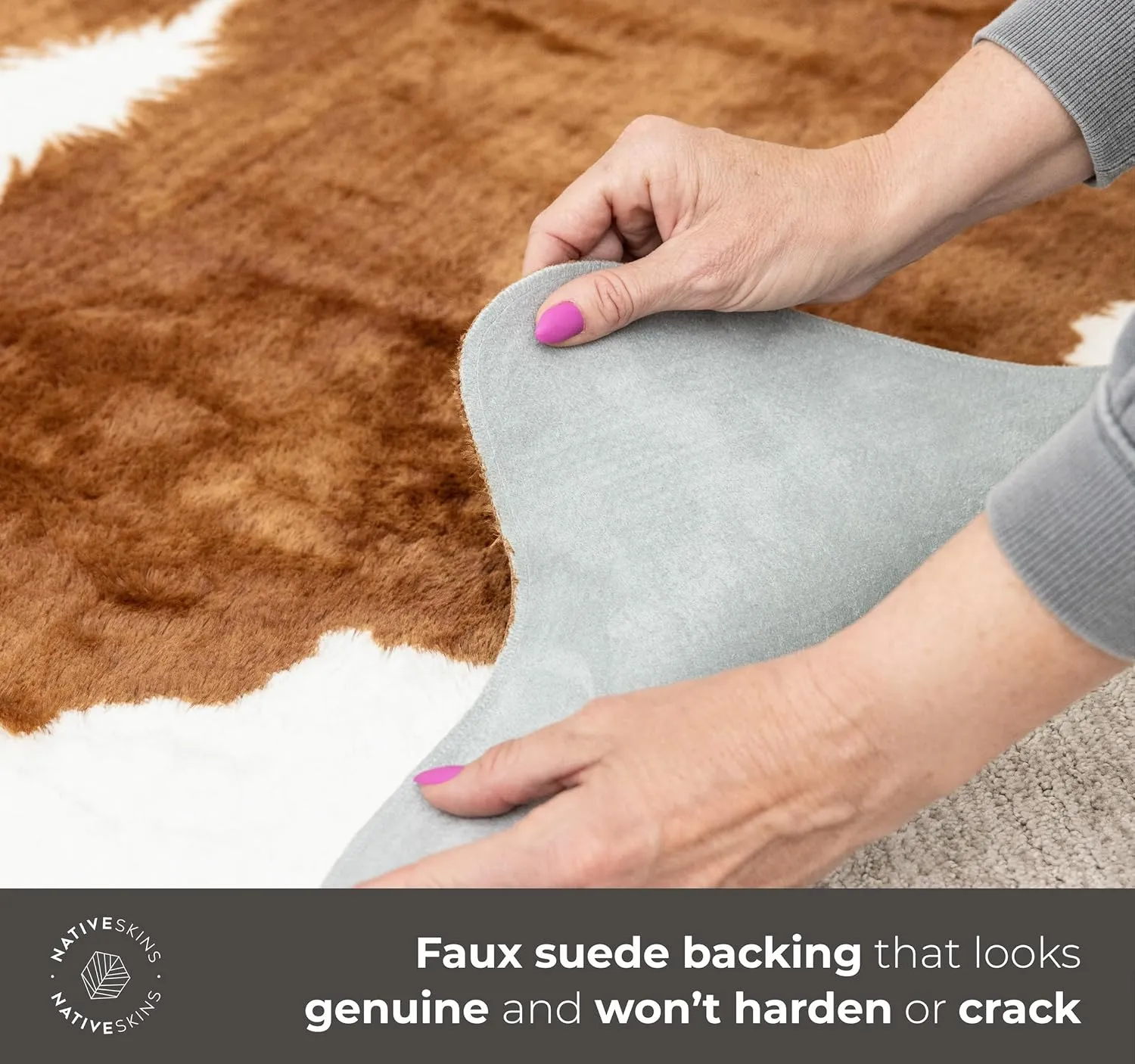 NativeSkins Faux Cowhide Rug – Hawthorn Brown (Large) | 4.6ft x 6.6ft | Cow Print | Western Bedroom Decor | Hand-Cut, Faux Suede No-Slip Backing | Western Rug | Animal Print | Cow Hide