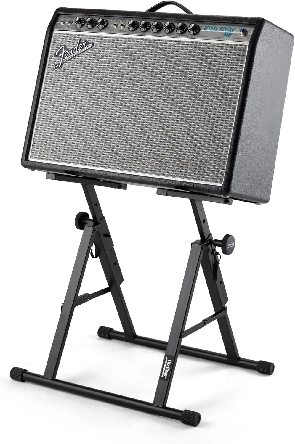 On-Stage RS7000 Tilt-Back Amp Stand (Setup for Guitar Combo Amplifiers and Speakers, 150 lb Capacity, Adjustable Height, Nonslip Rubber Arms and Feet, Portable, Folding, Steel, Black)