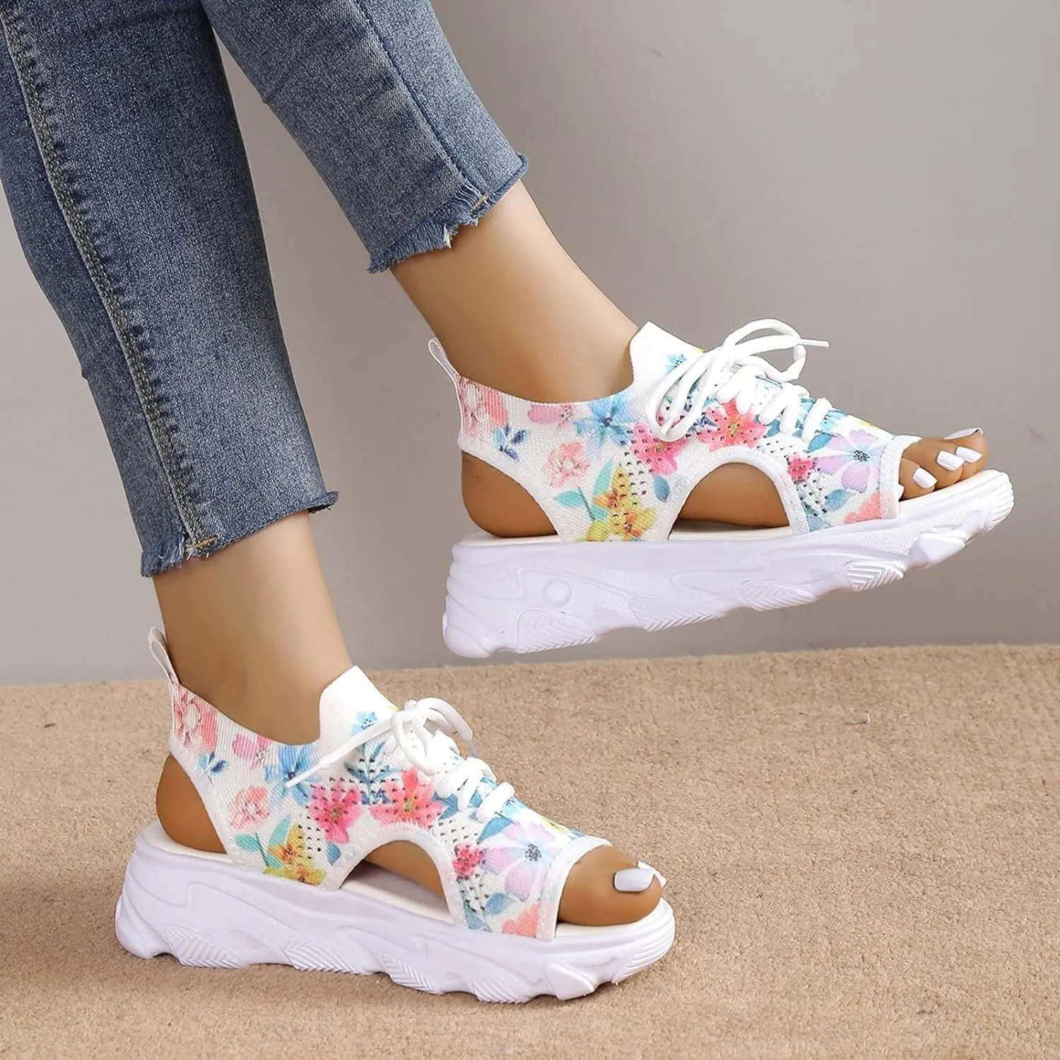 Open Toe Tennis Shoes, Contrast Paneled Cutout Lace-Up Muffin Sandals, Women Causal Summer Toe Platform Sneaker Sandals