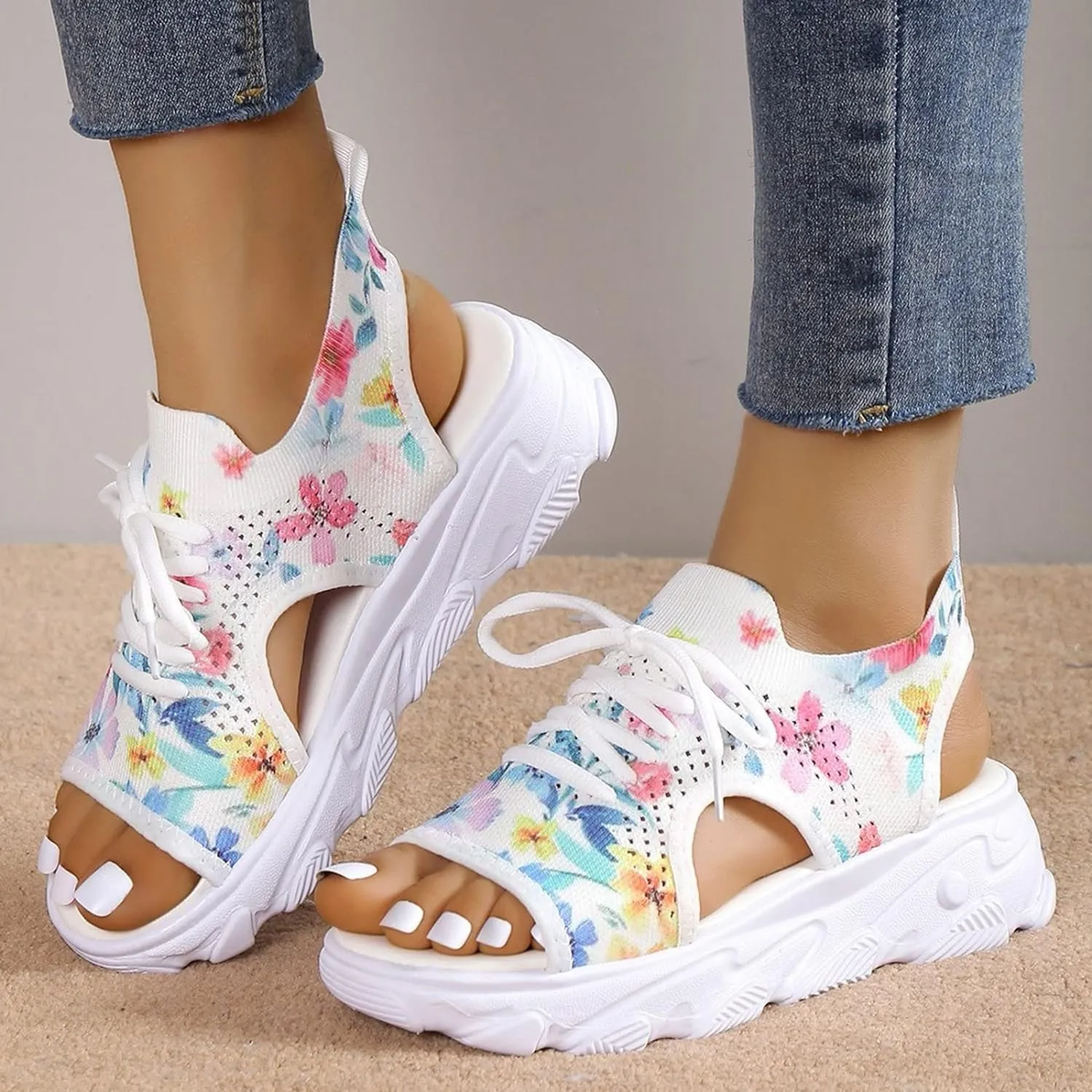 Open Toe Tennis Shoes, Contrast Paneled Cutout Lace-Up Muffin Sandals, Women Causal Summer Toe Platform Sneaker Sandals