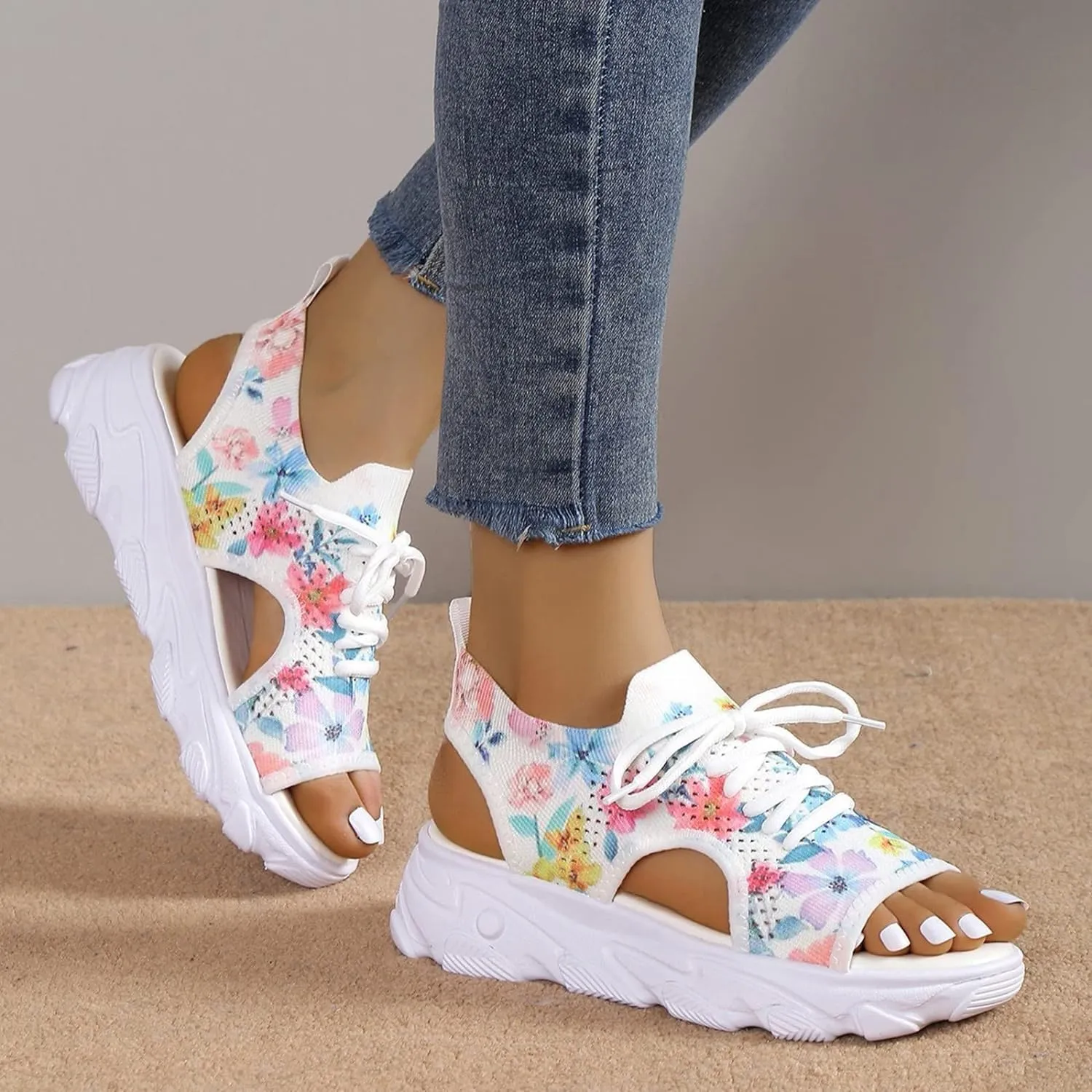 Open Toe Tennis Shoes, Contrast Paneled Cutout Lace-Up Muffin Sandals, Women Causal Summer Toe Platform Sneaker Sandals