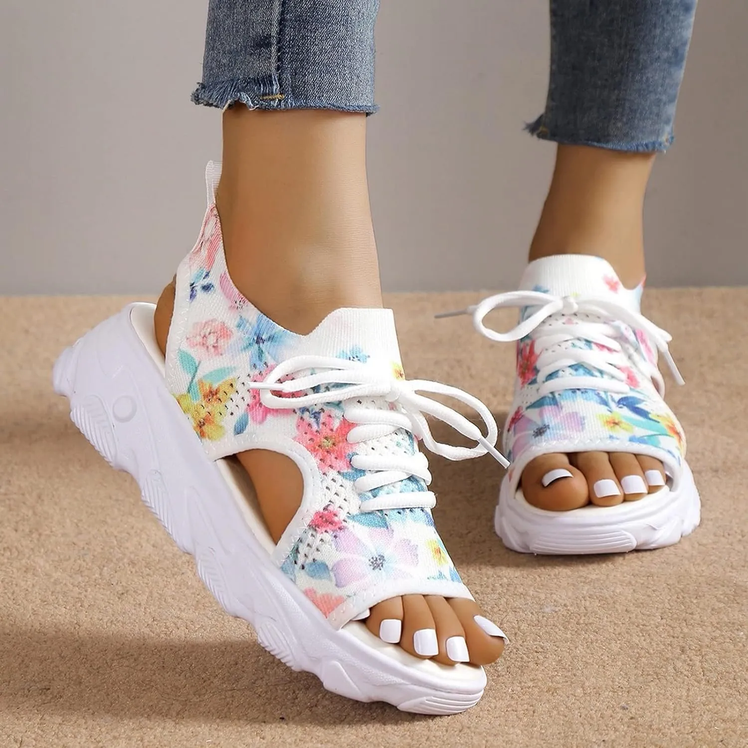 Open Toe Tennis Shoes, Contrast Paneled Cutout Lace-Up Muffin Sandals, Women Causal Summer Toe Platform Sneaker Sandals