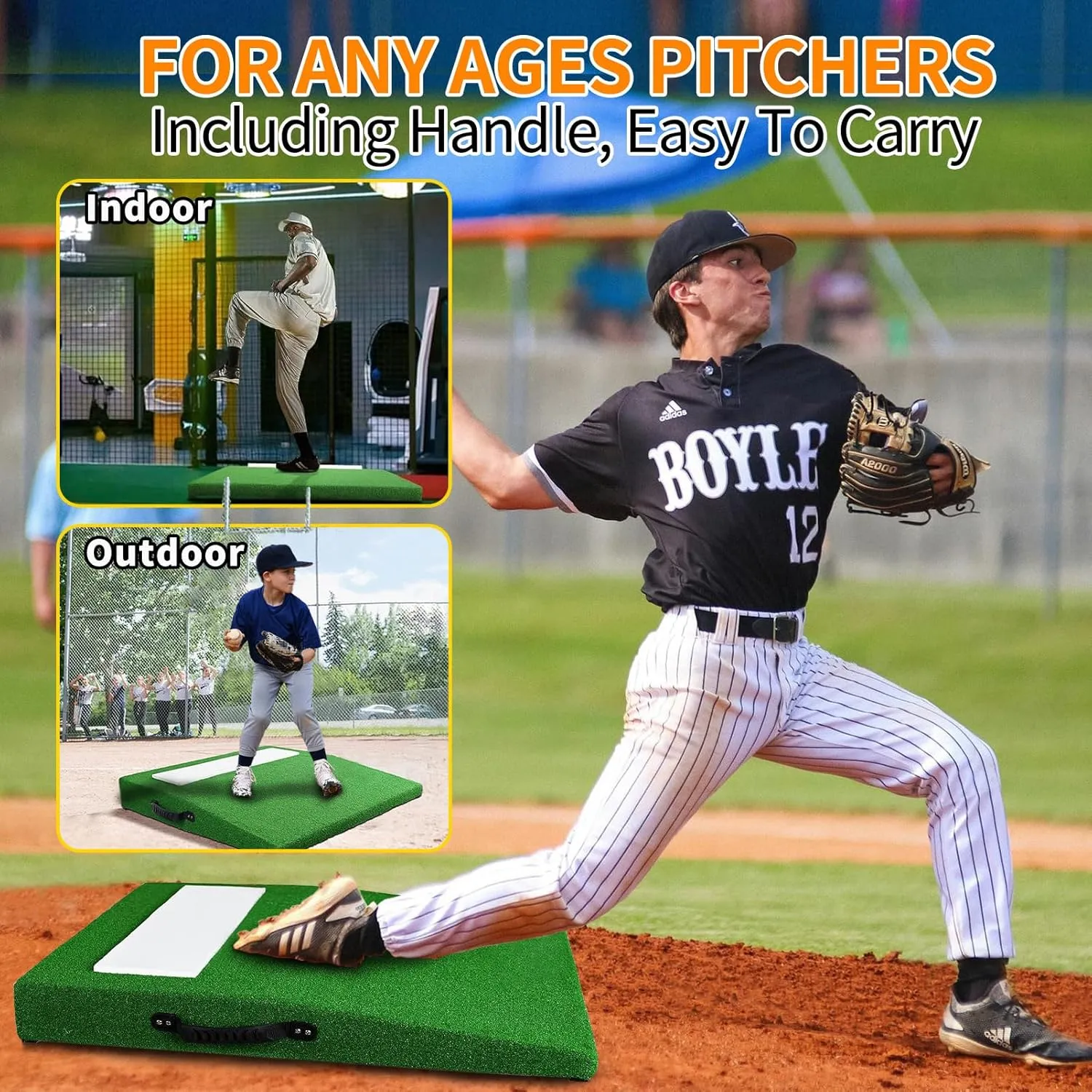 Portable Youth Training Softball Baseball Pitching Mound 4" with Pitching Rubber Antifade Synthetic Turf for Indoor and Outdoor Baseball Pitching and Practice with Carry Handle