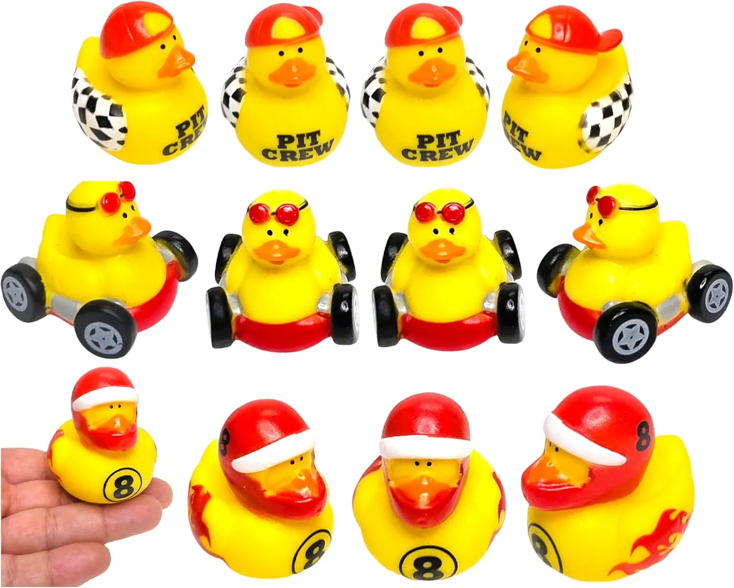 Race Car Driver Rubber Ducks (12 Pack) Racing Car, Drivers in Helmet and Baseball Cap. Bath Tub Toys and Jeep Duck Ducking