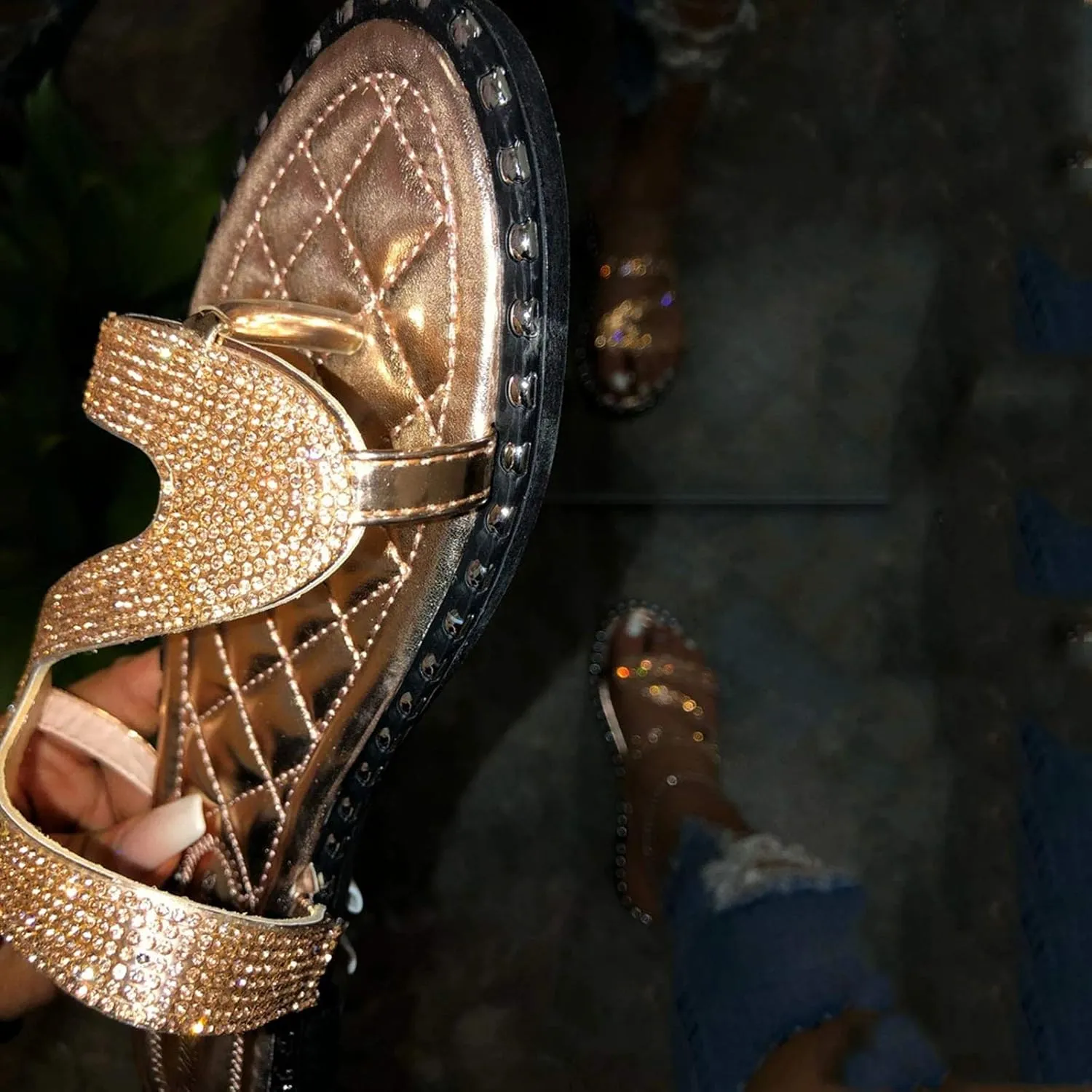 Rhinestone Summer Sandals Women Open Toe Slip-On Beach Breathable Flat Shoes Women's sandals Clog Sandals for Women Wooden