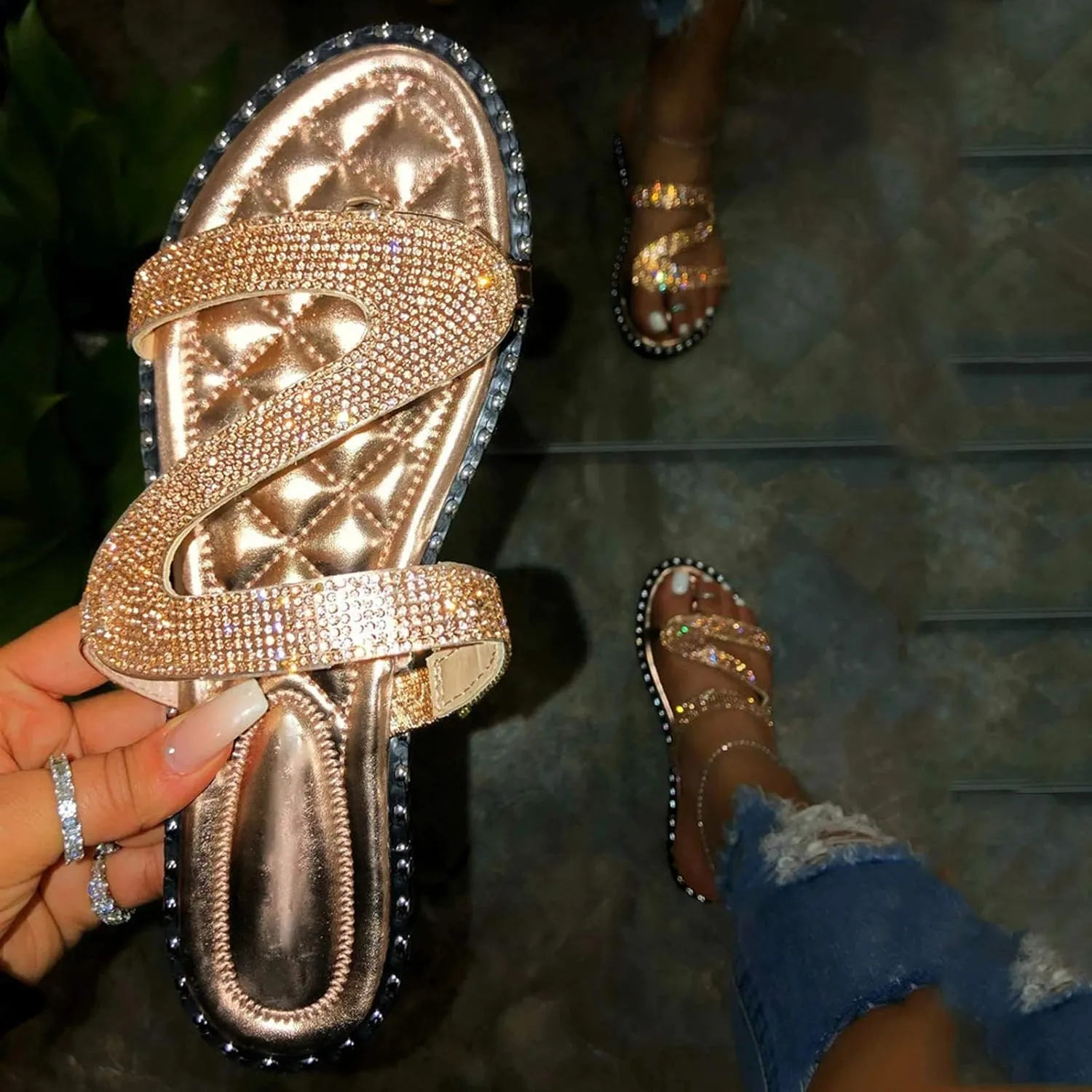Rhinestone Summer Sandals Women Open Toe Slip-On Beach Breathable Flat Shoes Women's sandals Clog Sandals for Women Wooden