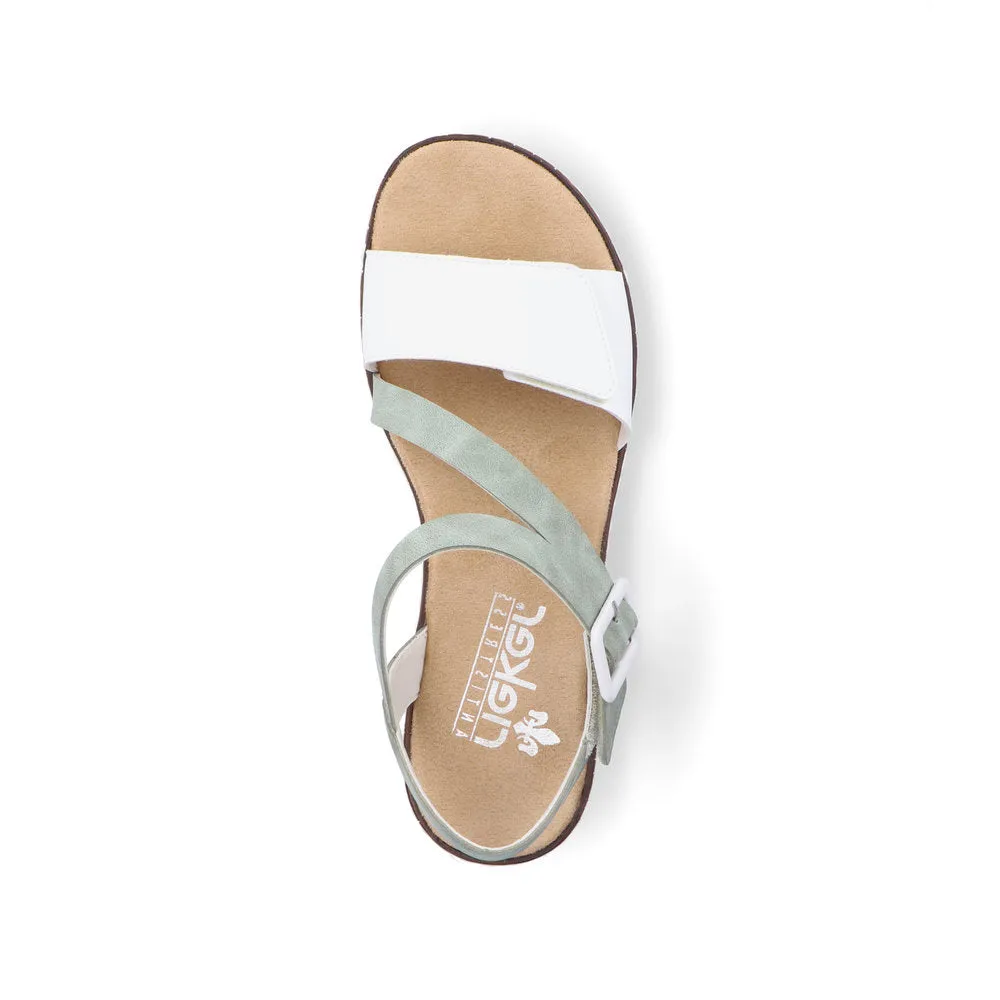 RIEKER - V3660-52 FLAT VELCRO/BUCKLE STRAP COMFORT SANDAL - WHITE/GREEN