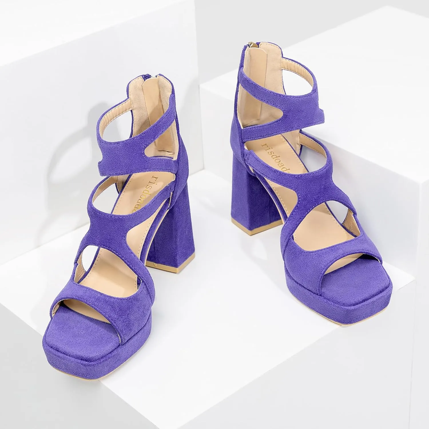 risdoada Platform Heels 3.54 Inches Chunky Block Heeled Sandals for Women Comfortable Suede Open Toe Hollow Out High Heels Pumps