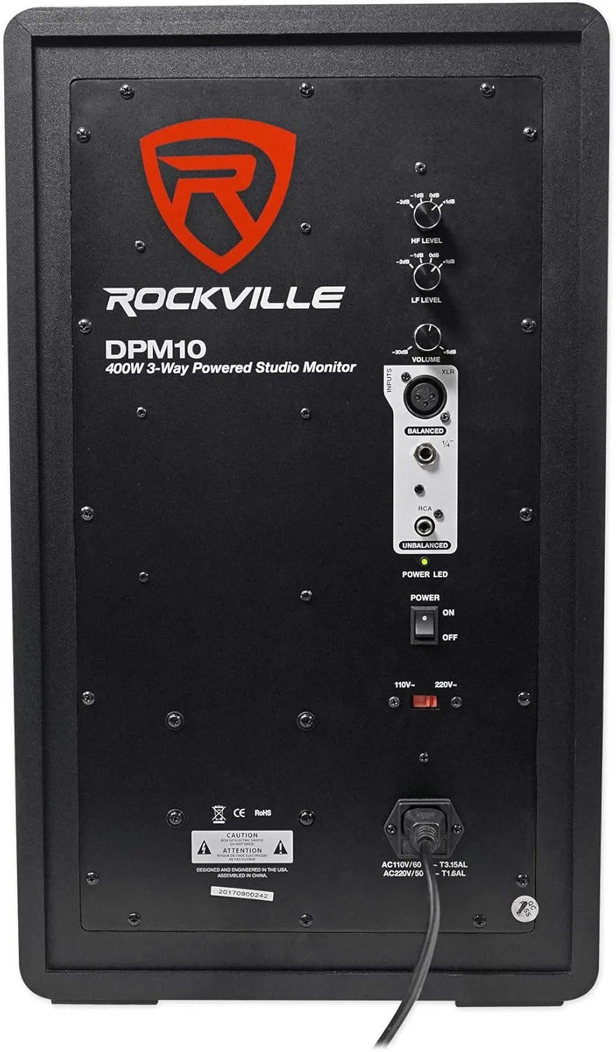 Rockville DPM10B 10" 400w Powered Active 3-Way Studio Monitor Speaker Full Range, Black, 10 inch