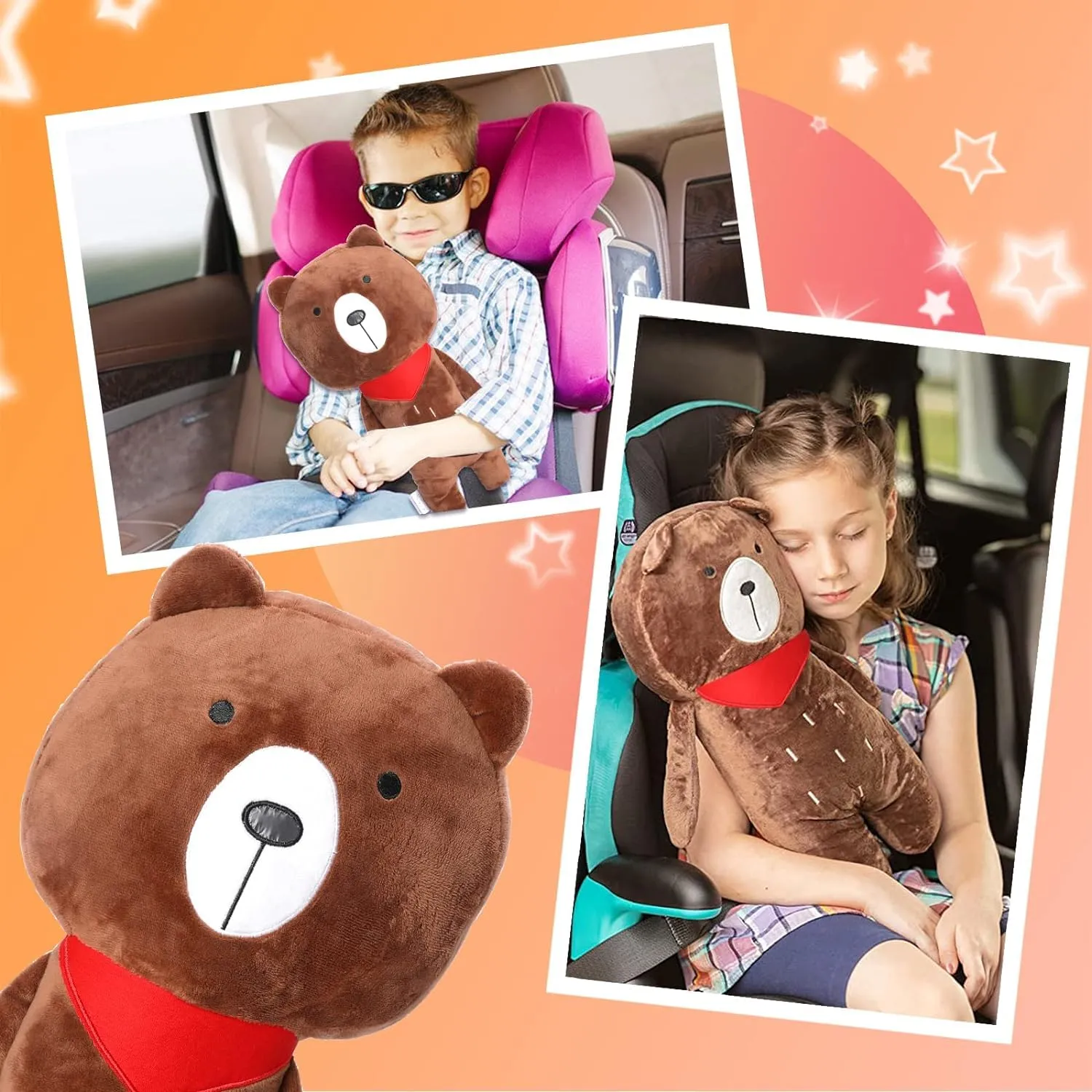 Seat Belt Cover Pillow for Kids, Car Seatbelt Cushion Shoulder Neck Support Protector Pad, Soft Stuffed Plush Travel Vehicle Safety Belts Strap Pillow for Boys and Girls Headrest (Bear)