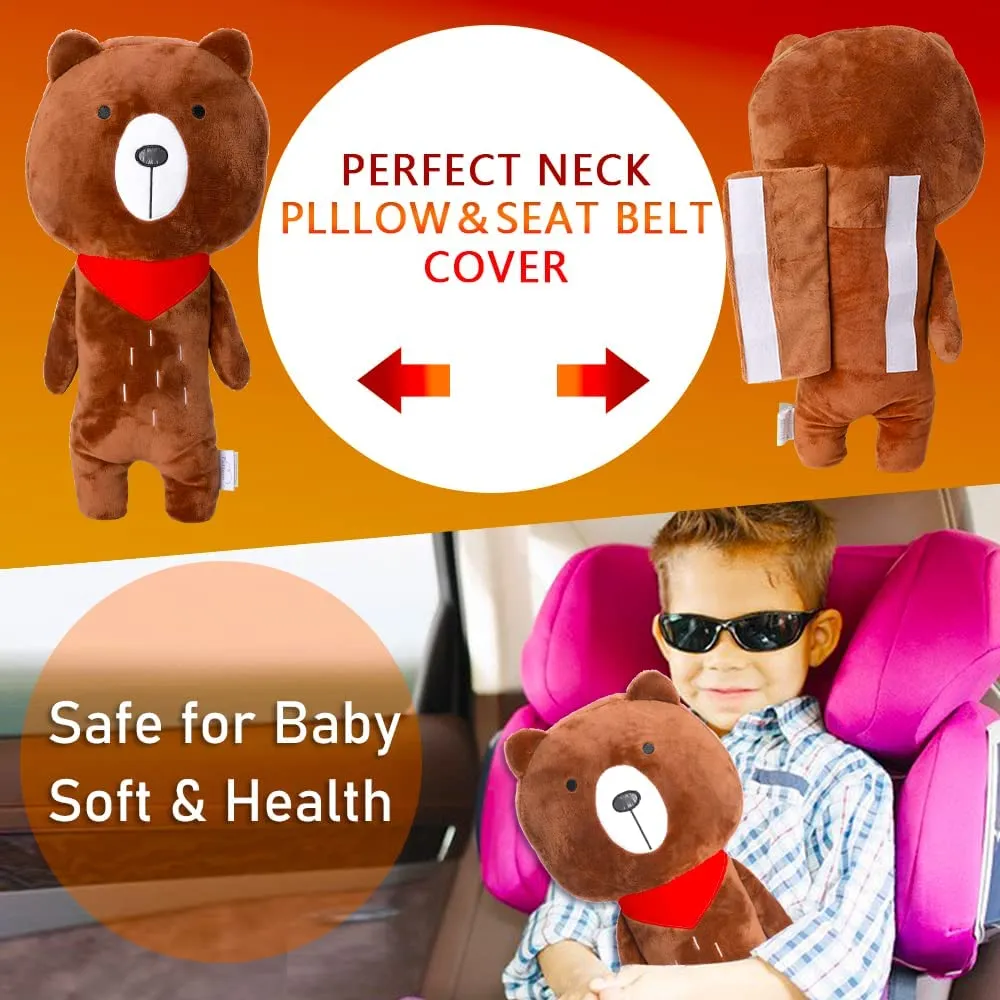 Seat Belt Cover Pillow for Kids, Car Seatbelt Cushion Shoulder Neck Support Protector Pad, Soft Stuffed Plush Travel Vehicle Safety Belts Strap Pillow for Boys and Girls Headrest (Bear)