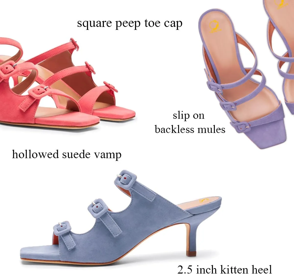 SHODENSE Women Kitten Heels Mules Square Open Toe Sandals Suede 2 Inch Mid Heels Slippers Buckle Strappy Patent Crocodile Mule Clogs Peep Toe Slip-Ons Comfortable Slides Shoes Dressy Fashion 4-11 M US