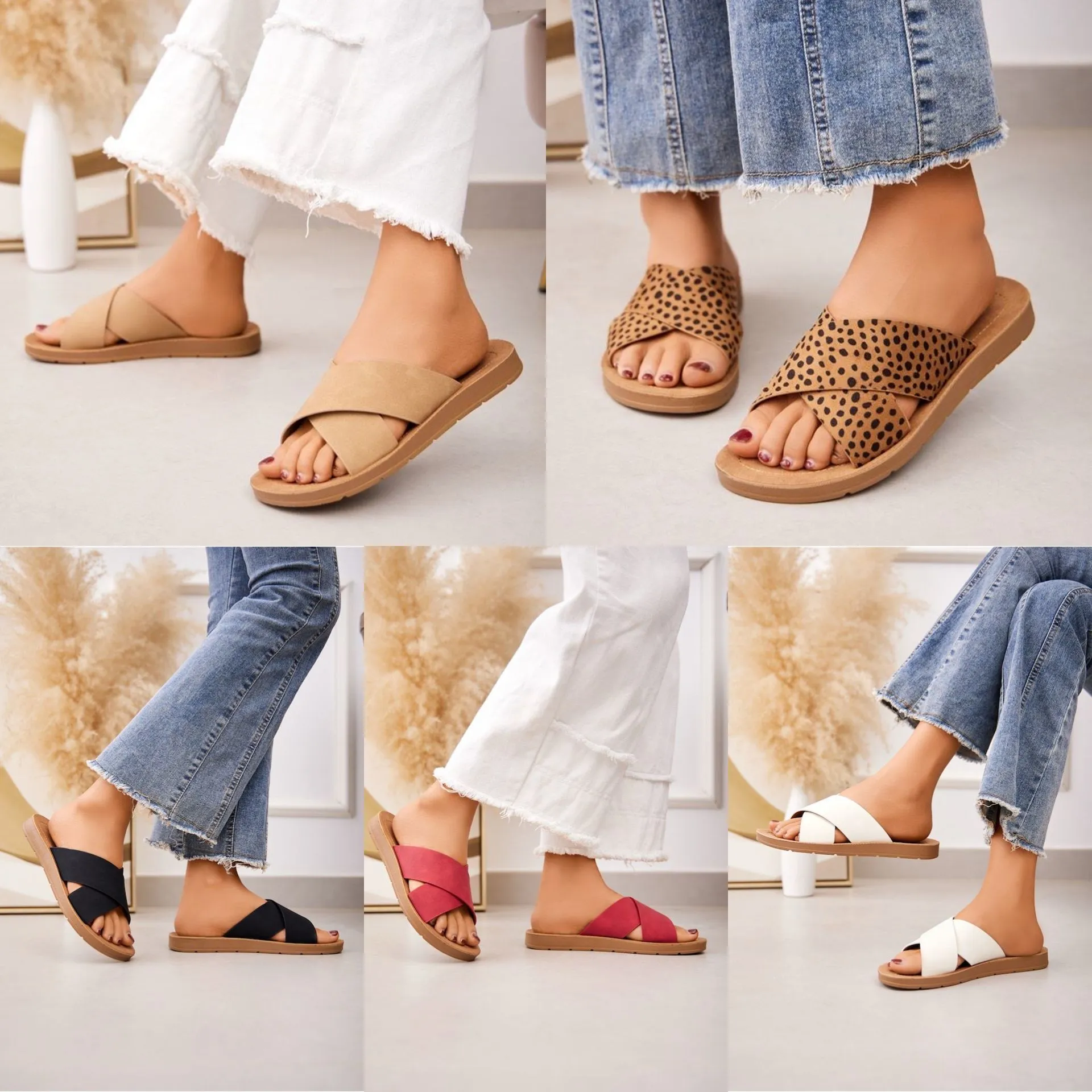 SLIP ON SANDALS CRISSCROSS BAND STRAP FLIP FLOP SLIDERS IN LEOPARD
