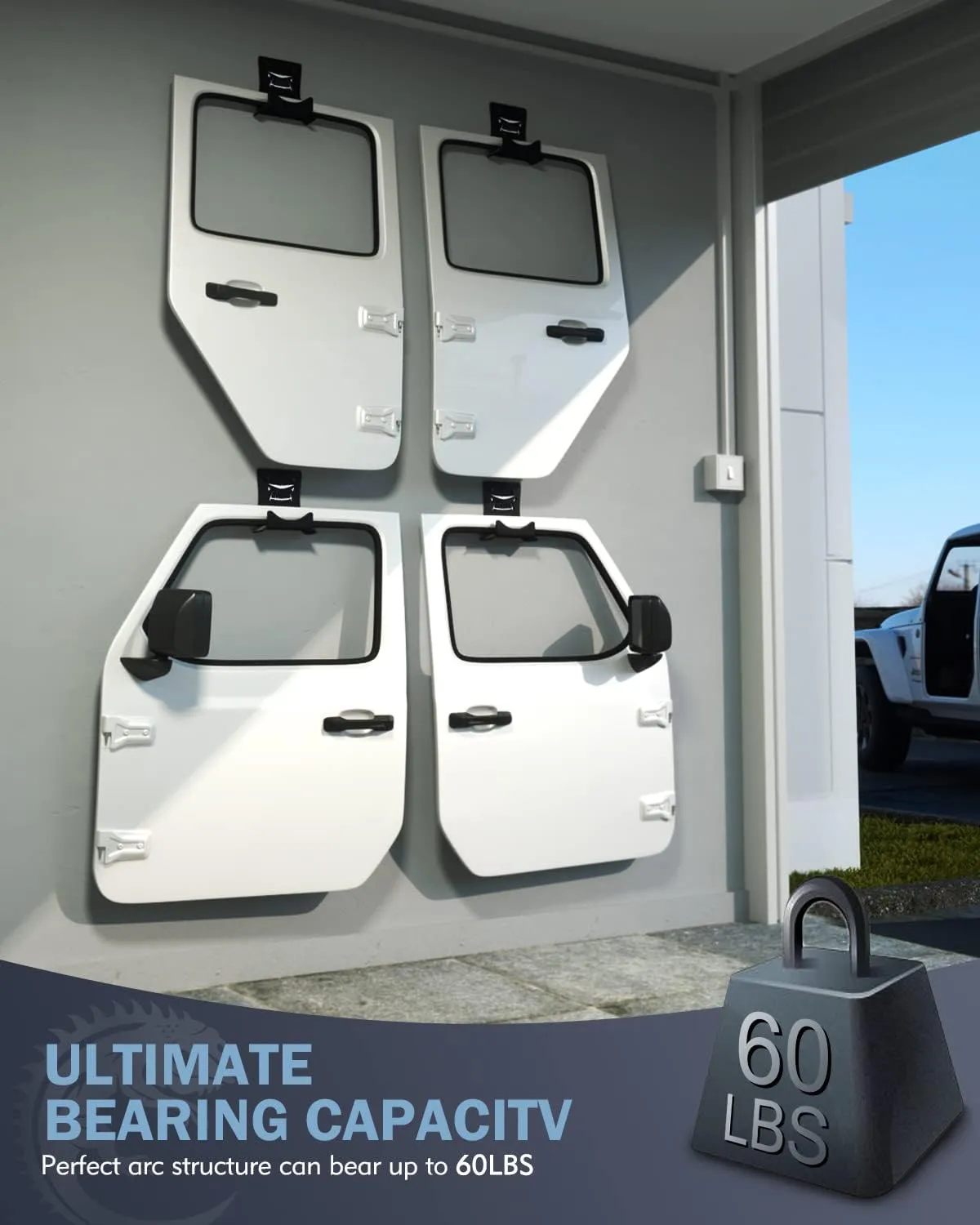 Storage Door Hangers Compatible with 1956-2024 Jeep Wrangler, Wall-Mounted Removable Door Storage Holder with Rubber Lining - 4PACK