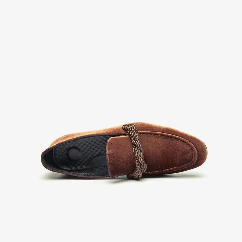 Suede Penny Loafers with Braided Strap Detail