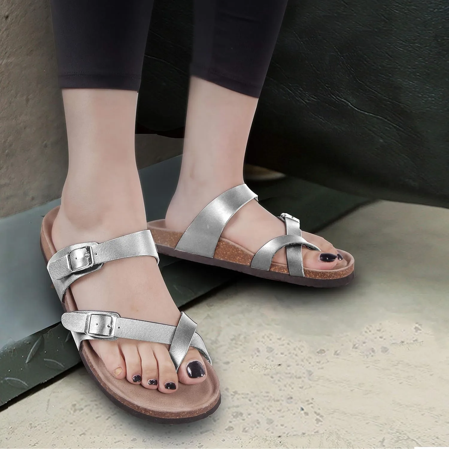 TF STAR Adjustable Sandals, Flat Leather Casual Slippers for Women & Ladies, Flip-Flops Ring Open-Toe Slide Cork Footbed for Teenagers/Girls