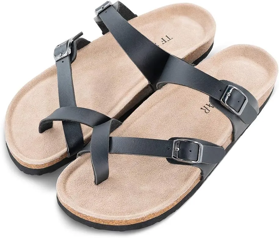 TF STAR Adjustable Sandals, Flat Leather Casual Slippers for Women & Ladies, Flip-Flops Ring Open-Toe Slide Cork Footbed for Teenagers/Girls
