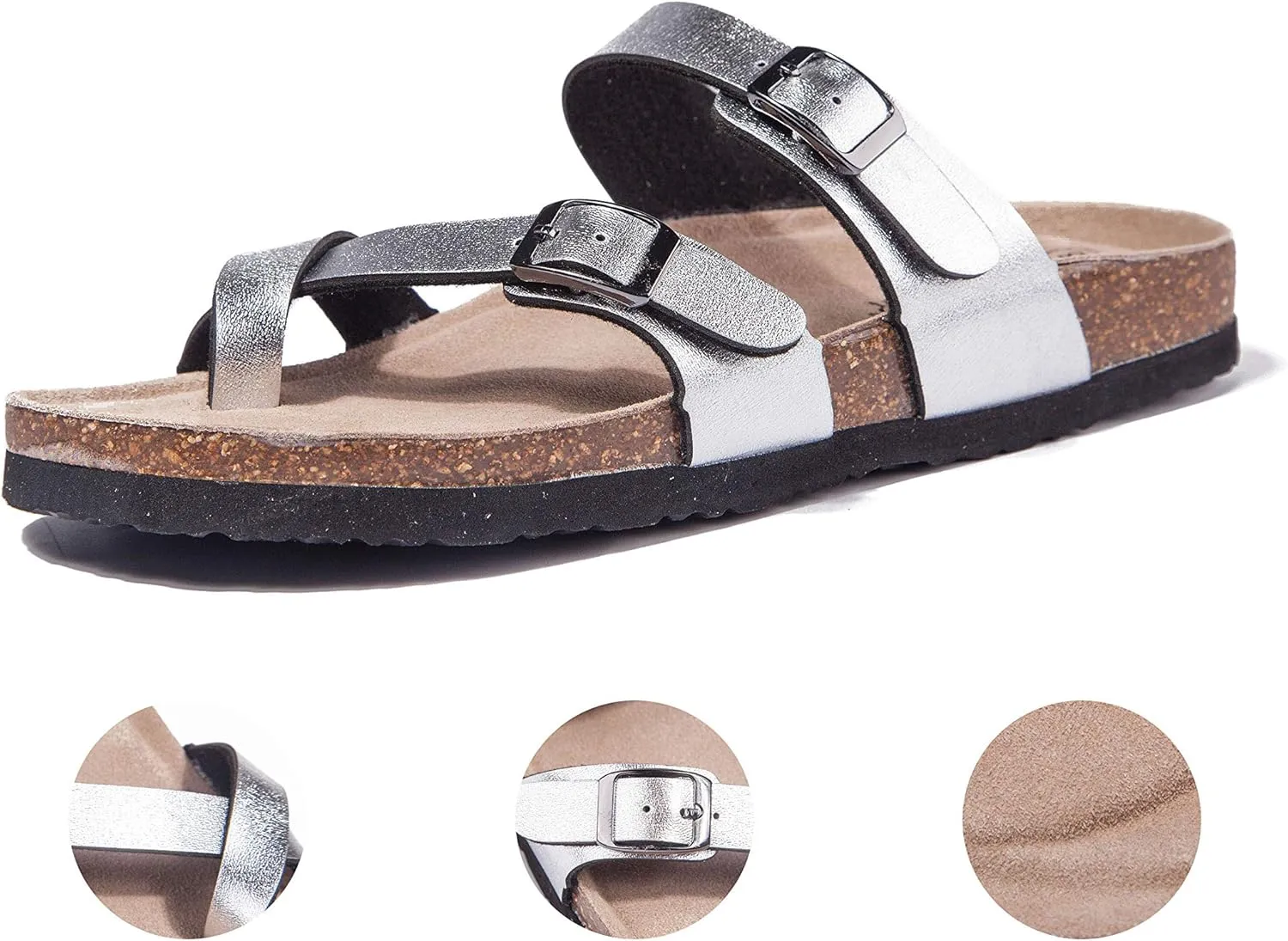 TF STAR Adjustable Sandals, Flat Leather Casual Slippers for Women & Ladies, Flip-Flops Ring Open-Toe Slide Cork Footbed for Teenagers/Girls