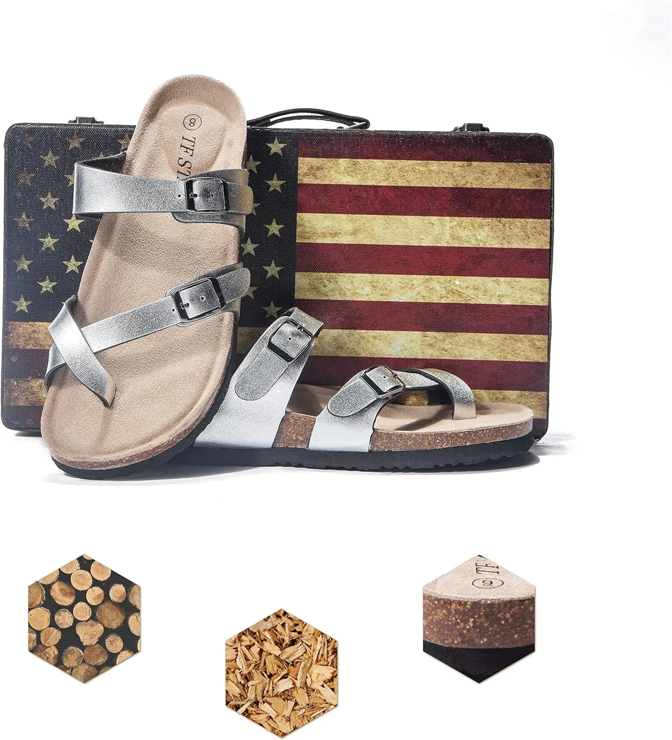 TF STAR Adjustable Sandals, Flat Leather Casual Slippers for Women & Ladies, Flip-Flops Ring Open-Toe Slide Cork Footbed for Teenagers/Girls