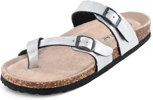 TF STAR Adjustable Sandals, Flat Leather Casual Slippers for Women & Ladies, Flip-Flops Ring Open-Toe Slide Cork Footbed for Teenagers/Girls