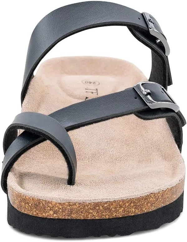 TF STAR Adjustable Sandals, Flat Leather Casual Slippers for Women & Ladies, Flip-Flops Ring Open-Toe Slide Cork Footbed for Teenagers/Girls