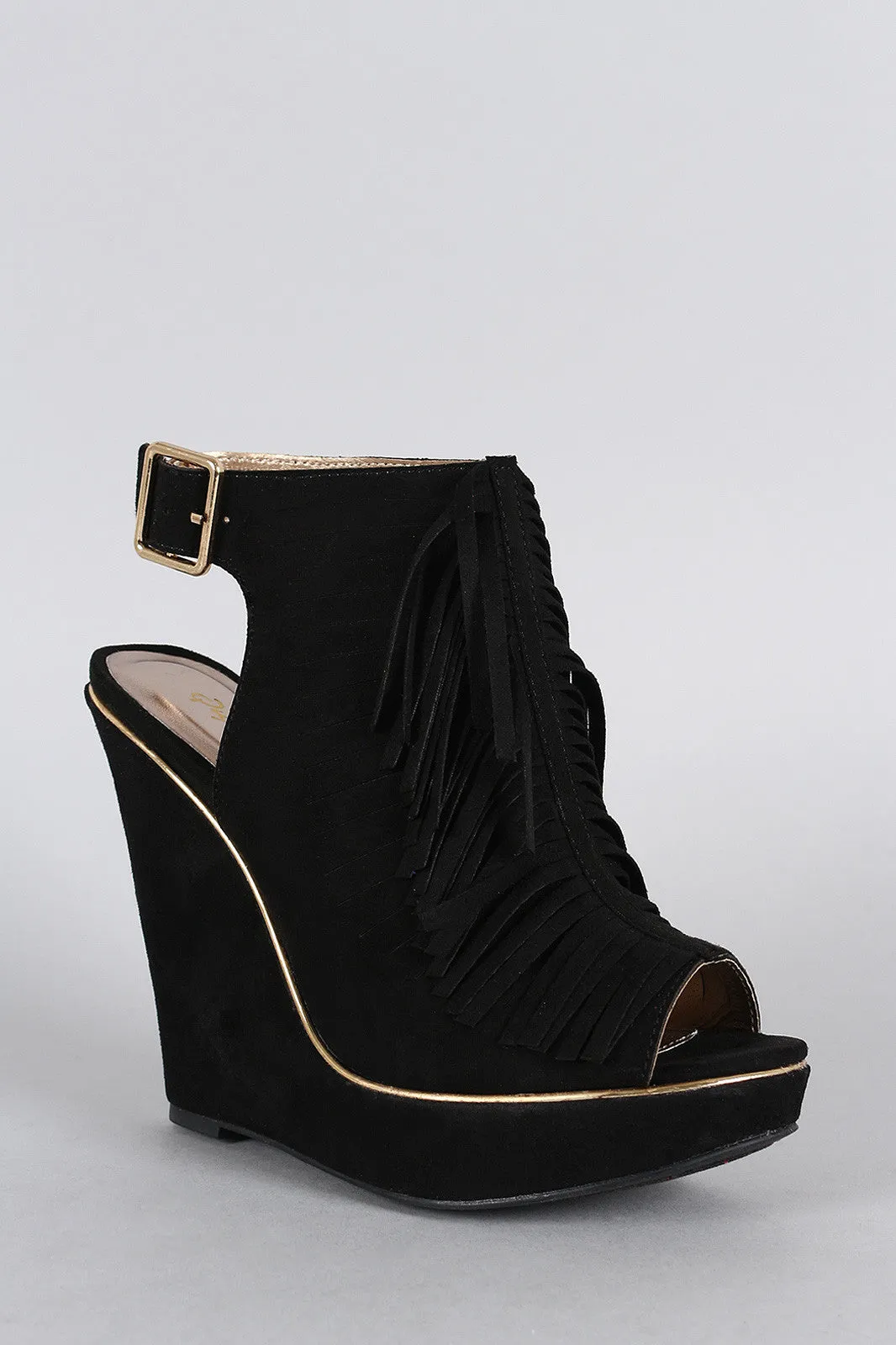 Toe Slingback Peep Suede Fringe Mule International coverage Qupid Slit Wedge Advanced technology