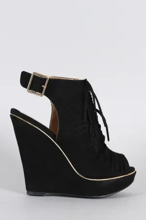 Toe Slingback Peep Suede Fringe Mule International coverage Qupid Slit Wedge Advanced technology