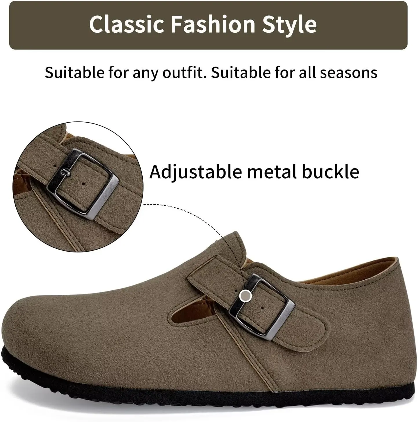 Torotto Womens Clogs Cork Footbed Suede Slippers Arch Support Potato Shoes with Adjustable Buckle