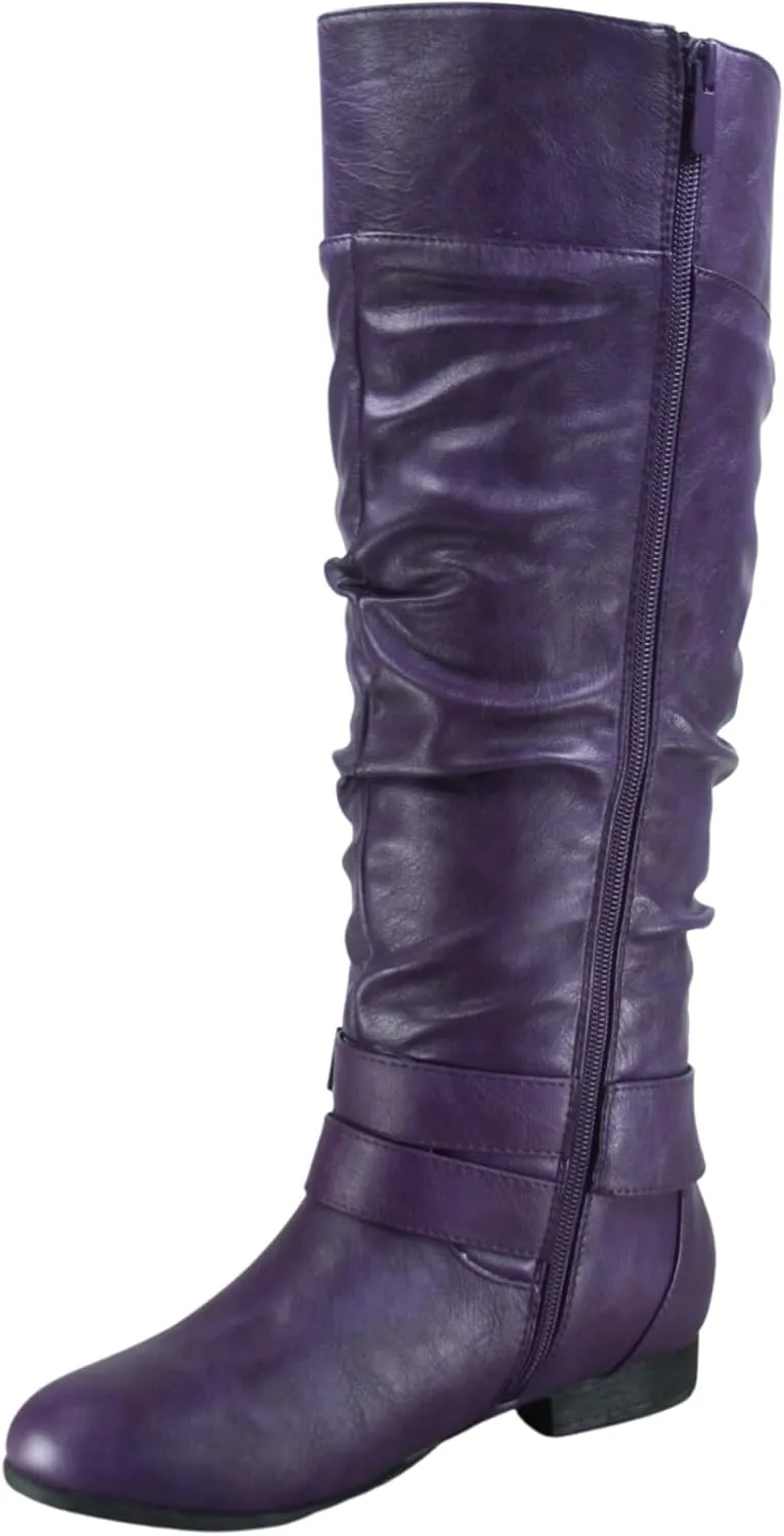 TZ Lily-20 Women's Knee High Riding Boots Low Flat Heel Winter Side Zip Buckles Boots Shoes