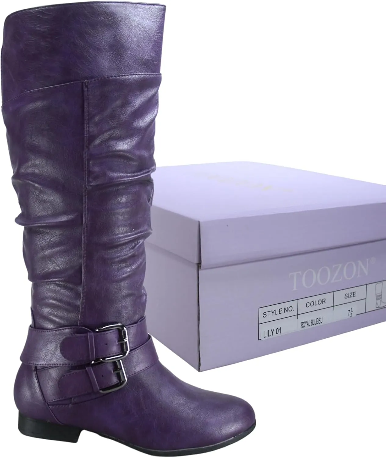 TZ Lily-20 Women's Knee High Riding Boots Low Flat Heel Winter Side Zip Buckles Boots Shoes