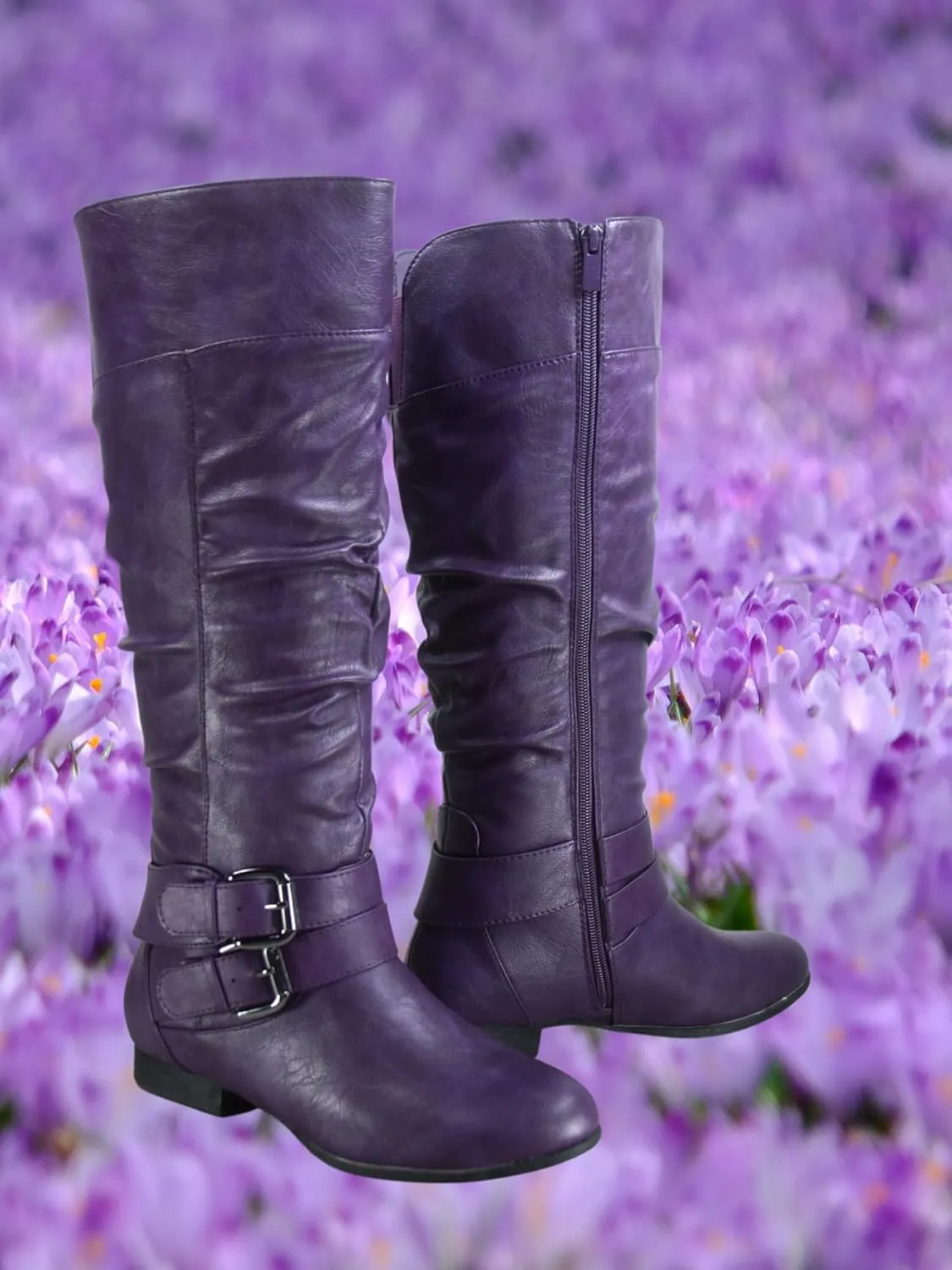 TZ Lily-20 Women's Knee High Riding Boots Low Flat Heel Winter Side Zip Buckles Boots Shoes