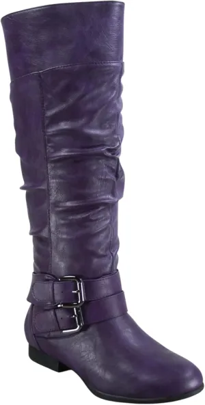 TZ Lily-20 Women's Knee High Riding Boots Low Flat Heel Winter Side Zip Buckles Boots Shoes