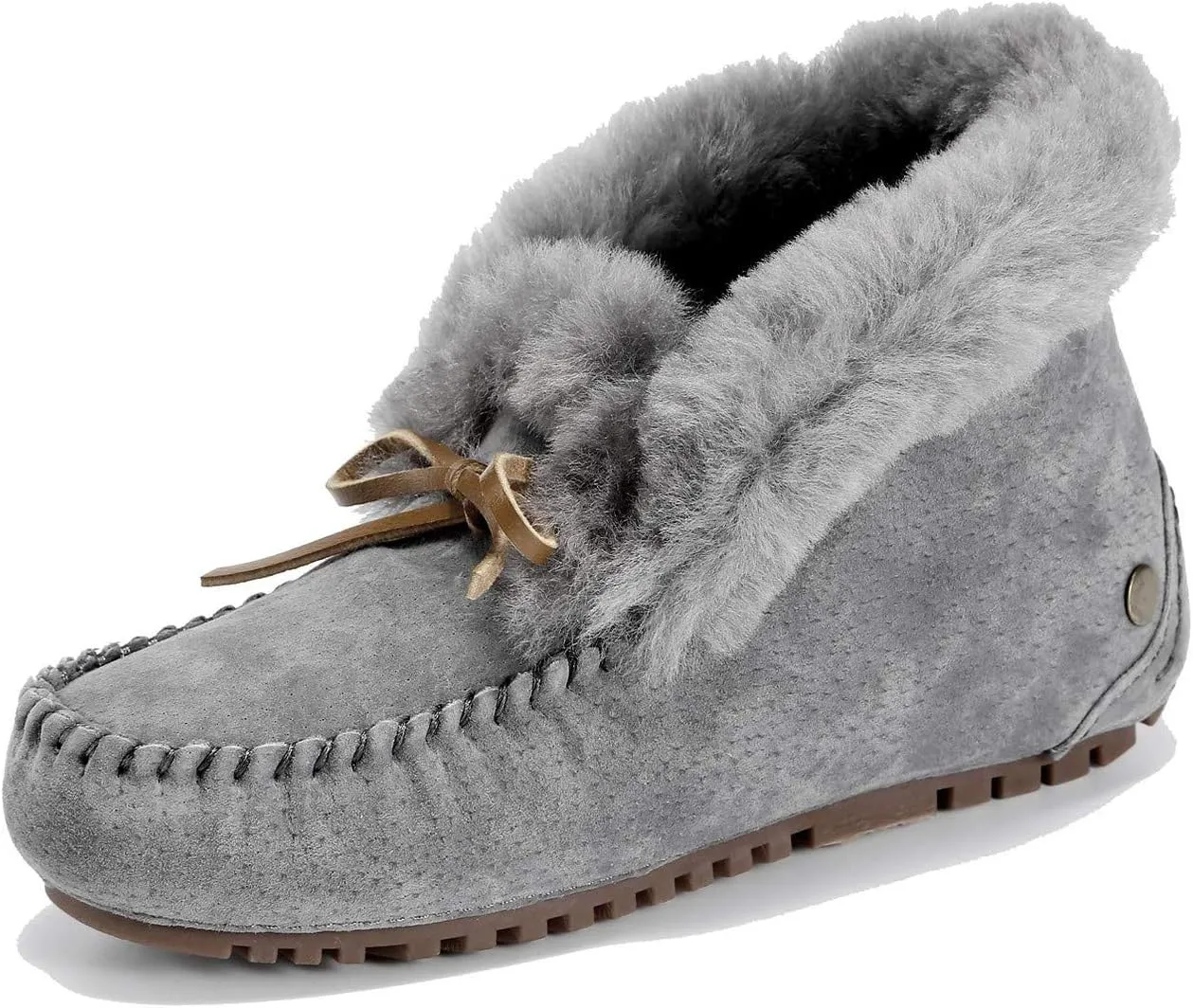 U-lite Women's Moccasin Slippers with Warm Wool Lining, Pigskin Leather Non-Slip Rubber Sole for Indoor and Outdoor Casual Winter Flat Shoes