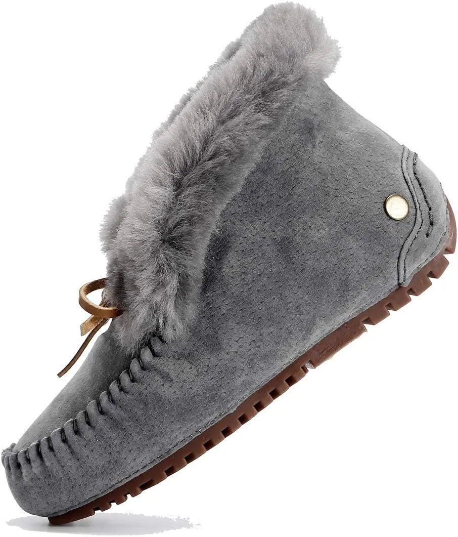 U-lite Women's Moccasin Slippers with Warm Wool Lining, Pigskin Leather Non-Slip Rubber Sole for Indoor and Outdoor Casual Winter Flat Shoes