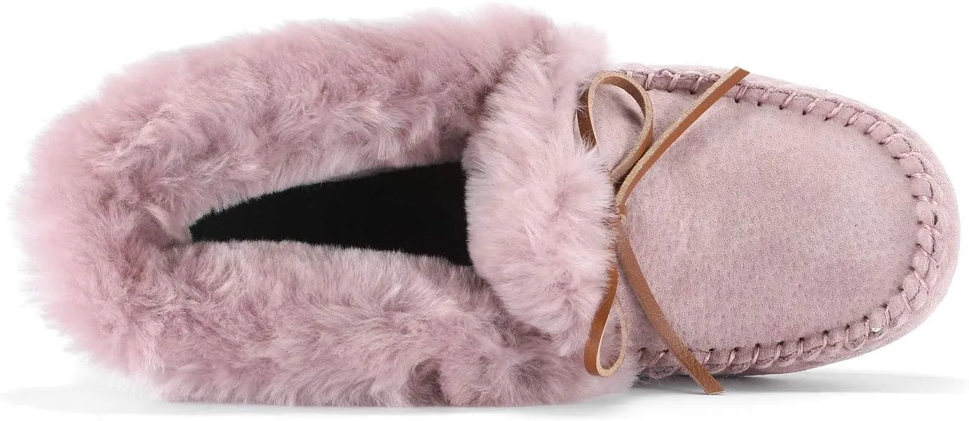 U-lite Women's Moccasin Slippers with Warm Wool Lining, Pigskin Leather Non-Slip Rubber Sole for Indoor and Outdoor Casual Winter Flat Shoes