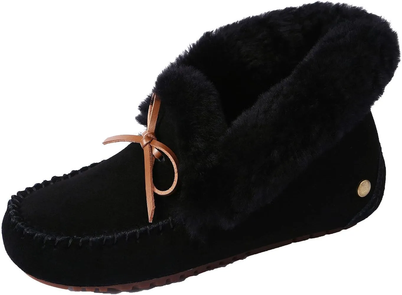 U-lite Women's Moccasin Slippers with Warm Wool Lining, Pigskin Leather Non-Slip Rubber Sole for Indoor and Outdoor Casual Winter Flat Shoes