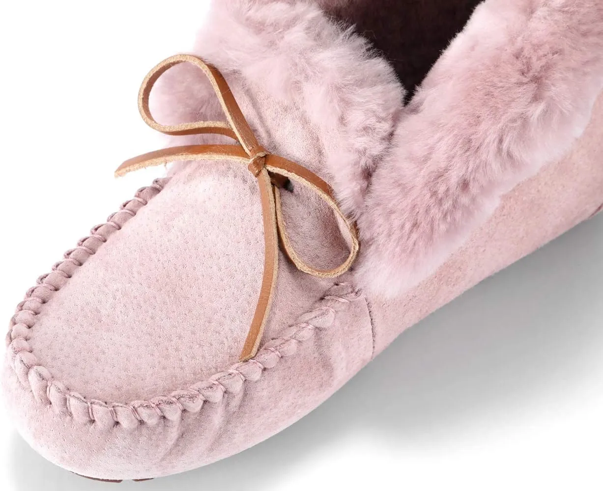 U-lite Women's Moccasin Slippers with Warm Wool Lining, Pigskin Leather Non-Slip Rubber Sole for Indoor and Outdoor Casual Winter Flat Shoes