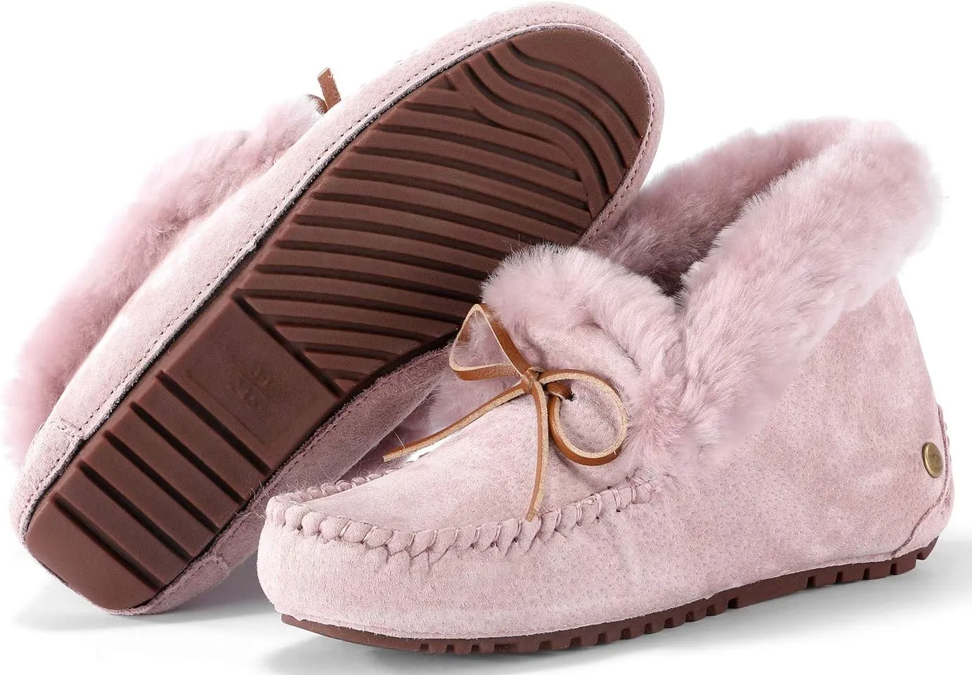 U-lite Women's Moccasin Slippers with Warm Wool Lining, Pigskin Leather Non-Slip Rubber Sole for Indoor and Outdoor Casual Winter Flat Shoes
