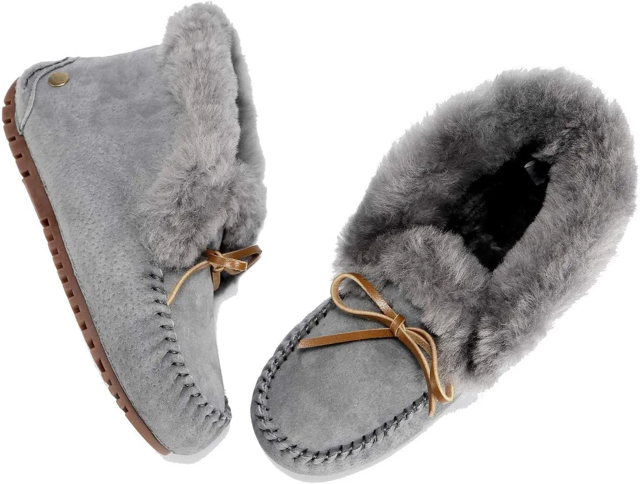 U-lite Women's Moccasin Slippers with Warm Wool Lining, Pigskin Leather Non-Slip Rubber Sole for Indoor and Outdoor Casual Winter Flat Shoes