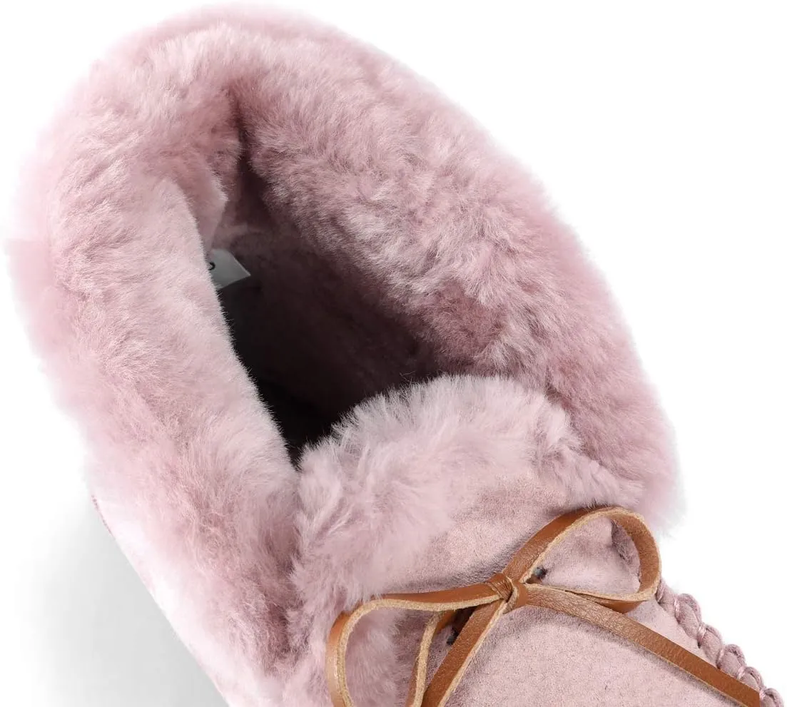 U-lite Women's Moccasin Slippers with Warm Wool Lining, Pigskin Leather Non-Slip Rubber Sole for Indoor and Outdoor Casual Winter Flat Shoes