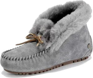 U-lite Women's Moccasin Slippers with Warm Wool Lining, Pigskin Leather Non-Slip Rubber Sole for Indoor and Outdoor Casual Winter Flat Shoes