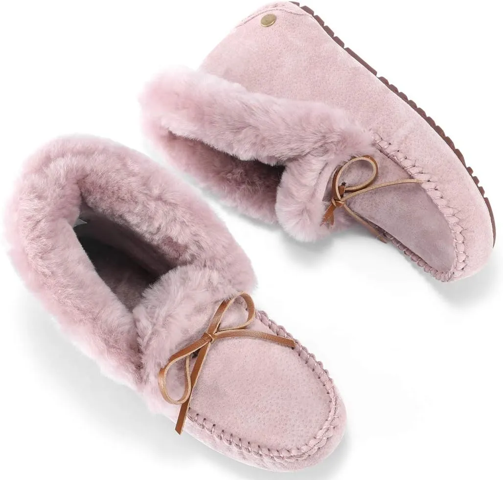 U-lite Women's Moccasin Slippers with Warm Wool Lining, Pigskin Leather Non-Slip Rubber Sole for Indoor and Outdoor Casual Winter Flat Shoes